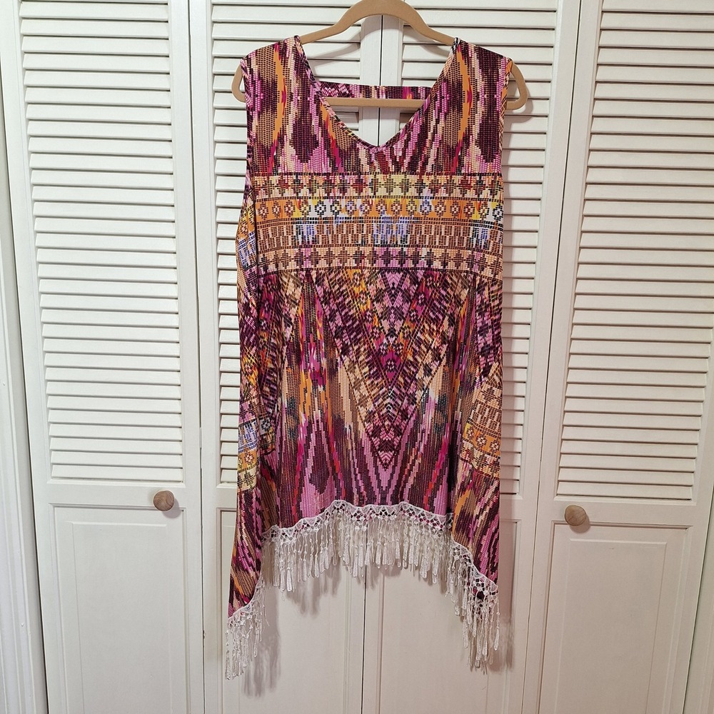 Cato Woman Pink Orange Geometric Tribal Sharkbite Fringe Tunic Top 22/24W